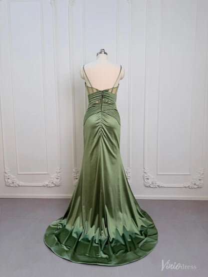 Sage green satin mermaid prom dress with a corset-style open back, ruched waist, and floor-length skirt with a train.