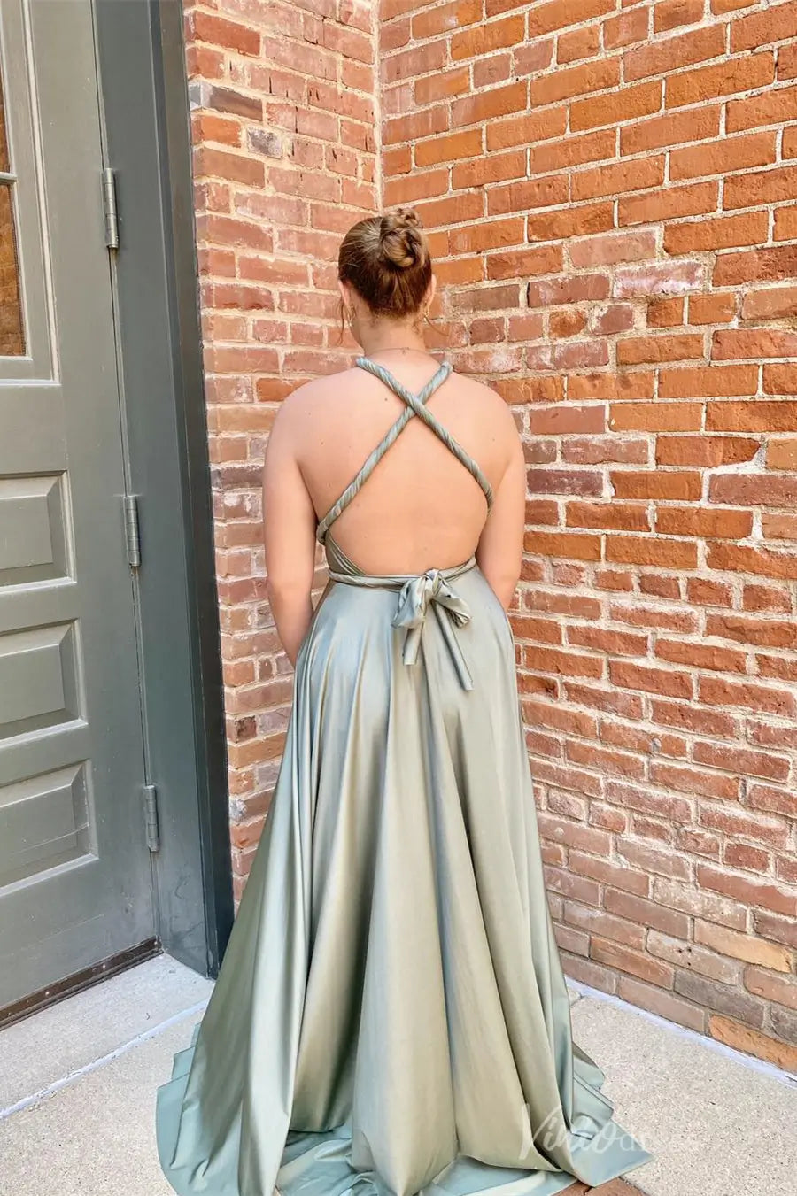 Sage Green Satin Halter Neck Formal Dress with Crisscross Back and A-Line Skirt – AS027 – Viniodress