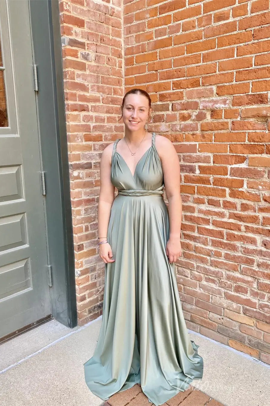 v neck sage green dress Dusty Sage Green Prom Dresses Deep V-Neck Short Sleeves Stretch Satin Prom Dress With Split
