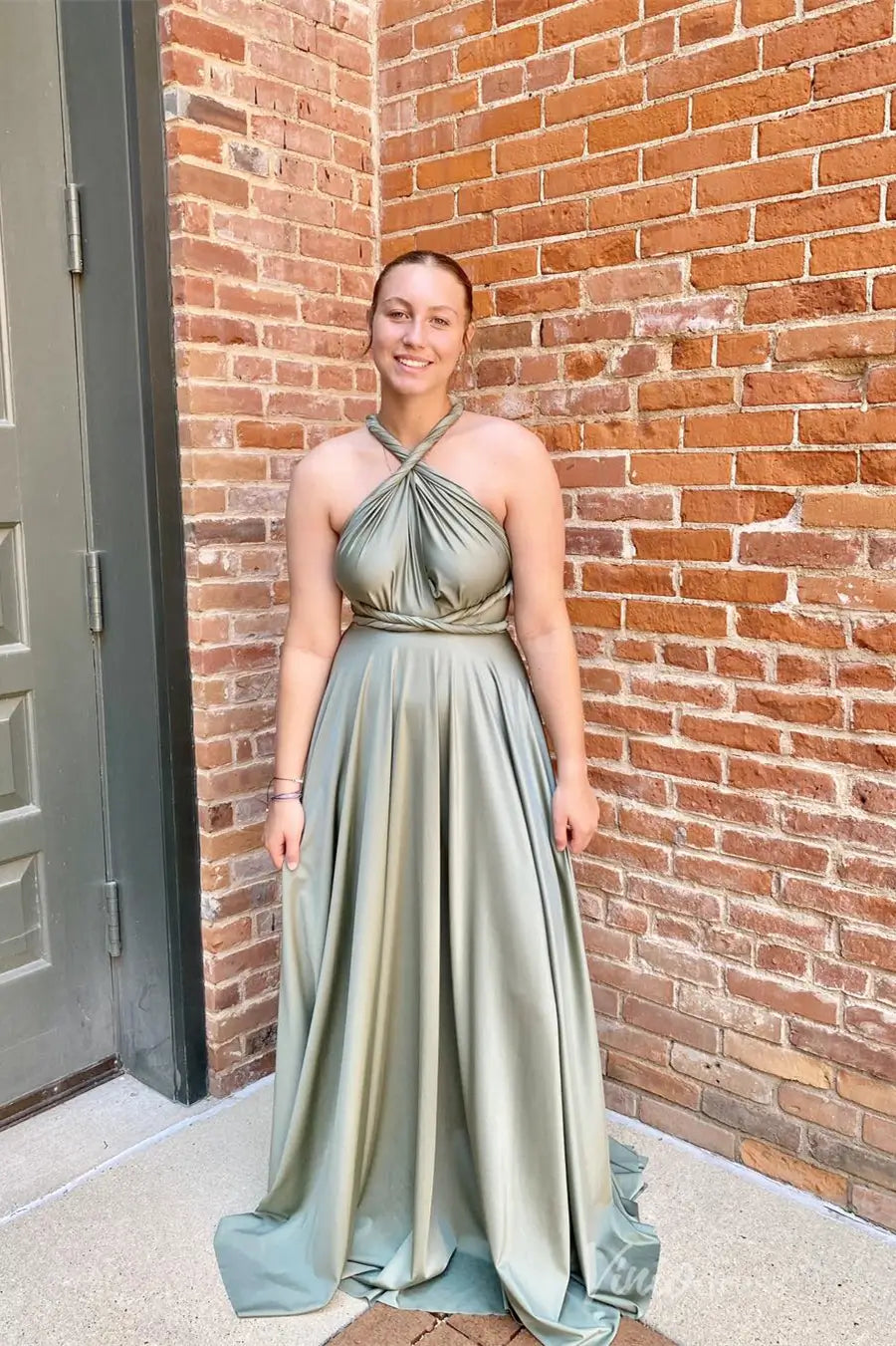 Sage Green Satin Halter Neck Formal Dress with Crisscross Back and A-Line Skirt – AS027 – Viniodress