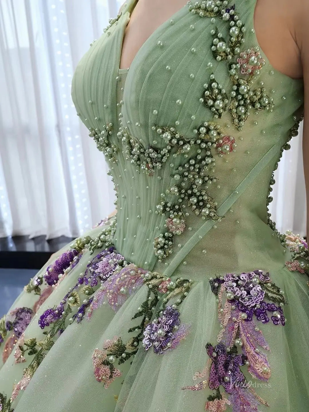 Sage Green Tulle Ball Gown Wedding Dress