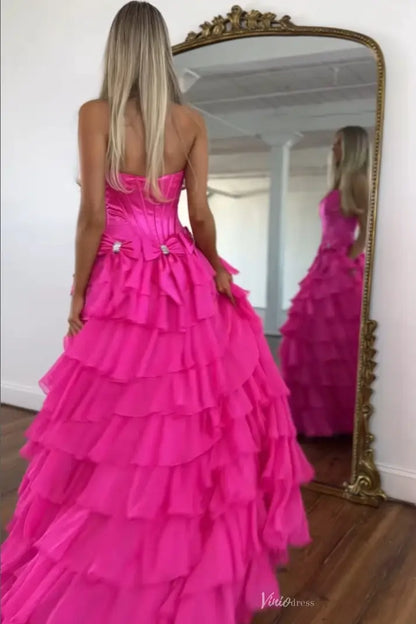 Satin Corset Prom Dress with High Slit Chiffon Ruffle Skirt & Bows RF305-prom dresses 2026-Viniodress-Aqua-Custom Size-