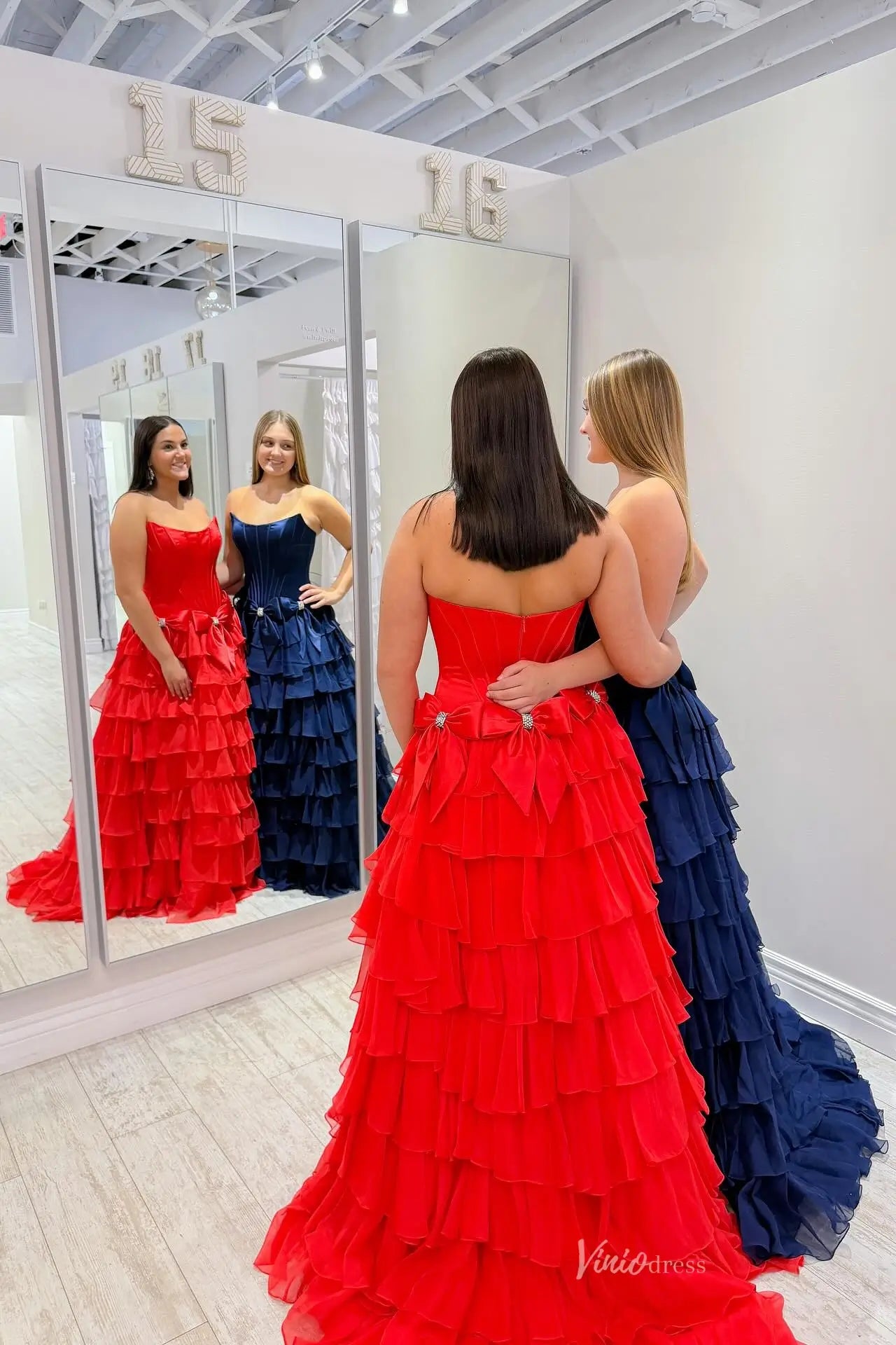 Satin Corset Prom Dress with High Slit Chiffon Ruffle Skirt & Bows RF305-prom dresses 2026-Viniodress-Aqua-Custom Size-