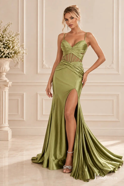 Satin Mermaid Prom DressES with Sheer Corset Waist, Ruched Bodice & High Slit SS425