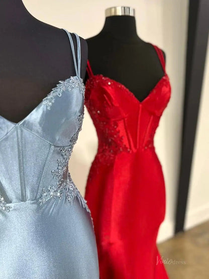 Satin Mermaid Prom Dresses 2025 with Lace Applique, V-Neck & Spaghetti Strap – FD5061-prom dresses 2025 -Viniodress-Green-Custom Size-