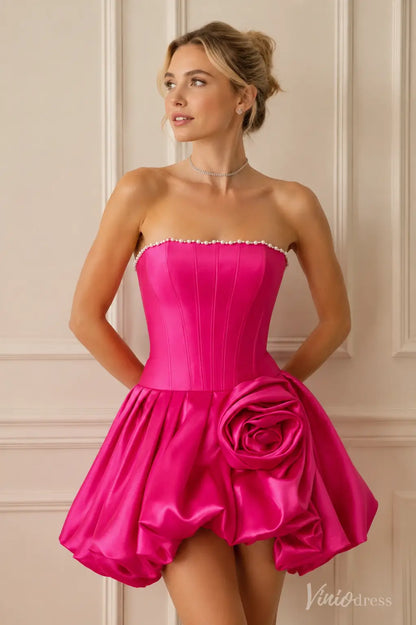 S26079 hot pink strapless mini dress with pearl trim and large rose detail.