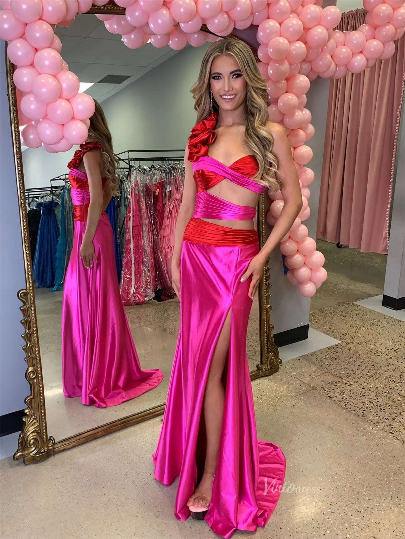 Satin Sheath Prom Dresses with Slit, Ruffled One Shoulder & Crossed Bodice - FD6040-prom dresses 2025 -Viniodress-Red-Custom Size-