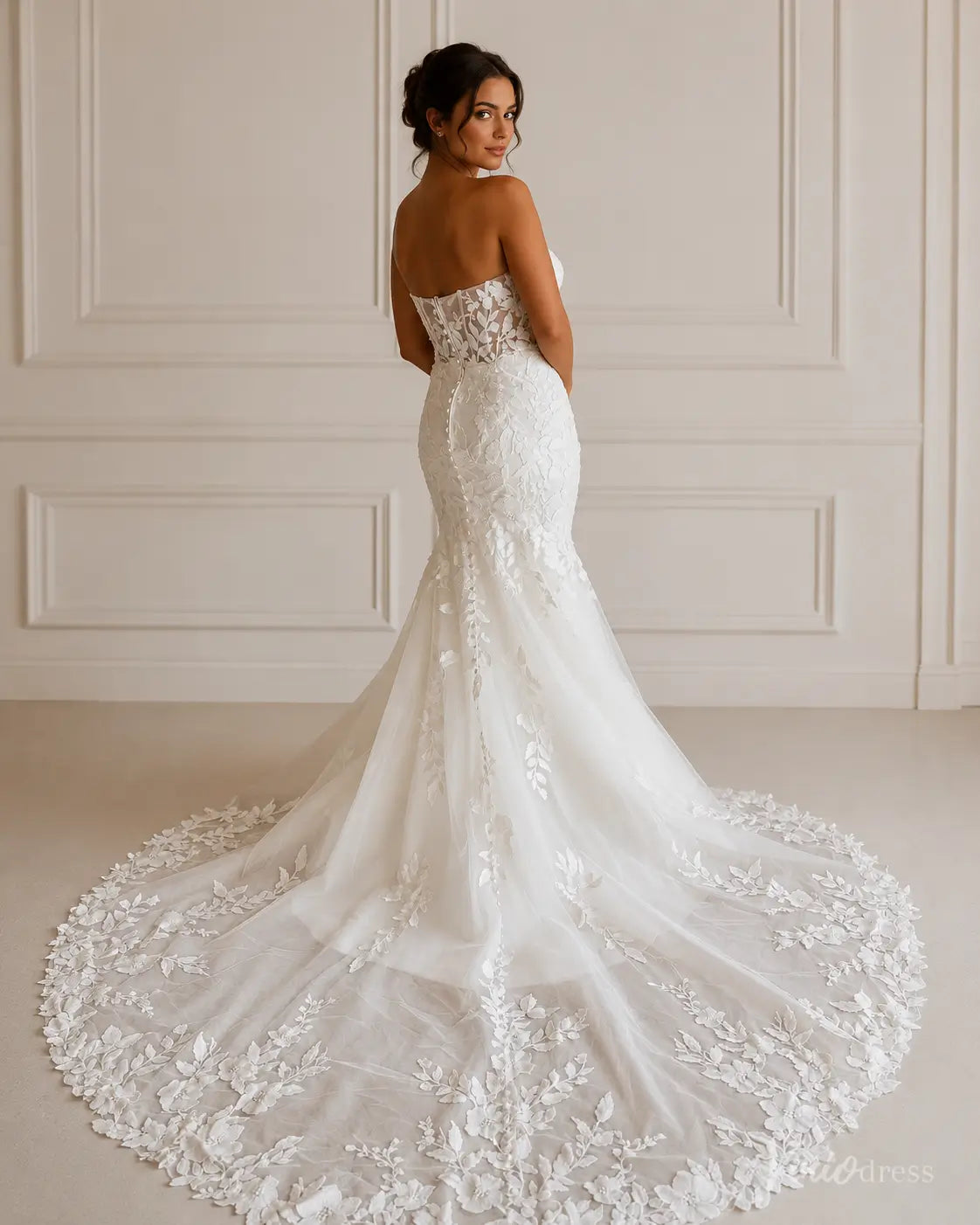 Sculpted Floral Lace Mermaid Wedding Dress with Plunging Sweetheart Corset