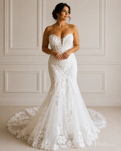 ML201 strapless mermaid wedding dress in white featuring a sweetheart neckline and intricate floral lace applique.