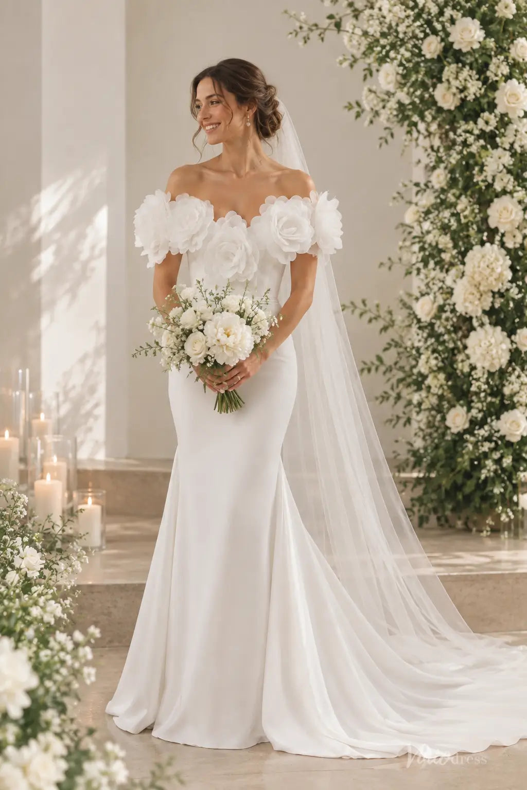 Ivory crepe mermaid wedding dress with off-shoulder sweetheart neckline and oversized 3D floral accents.