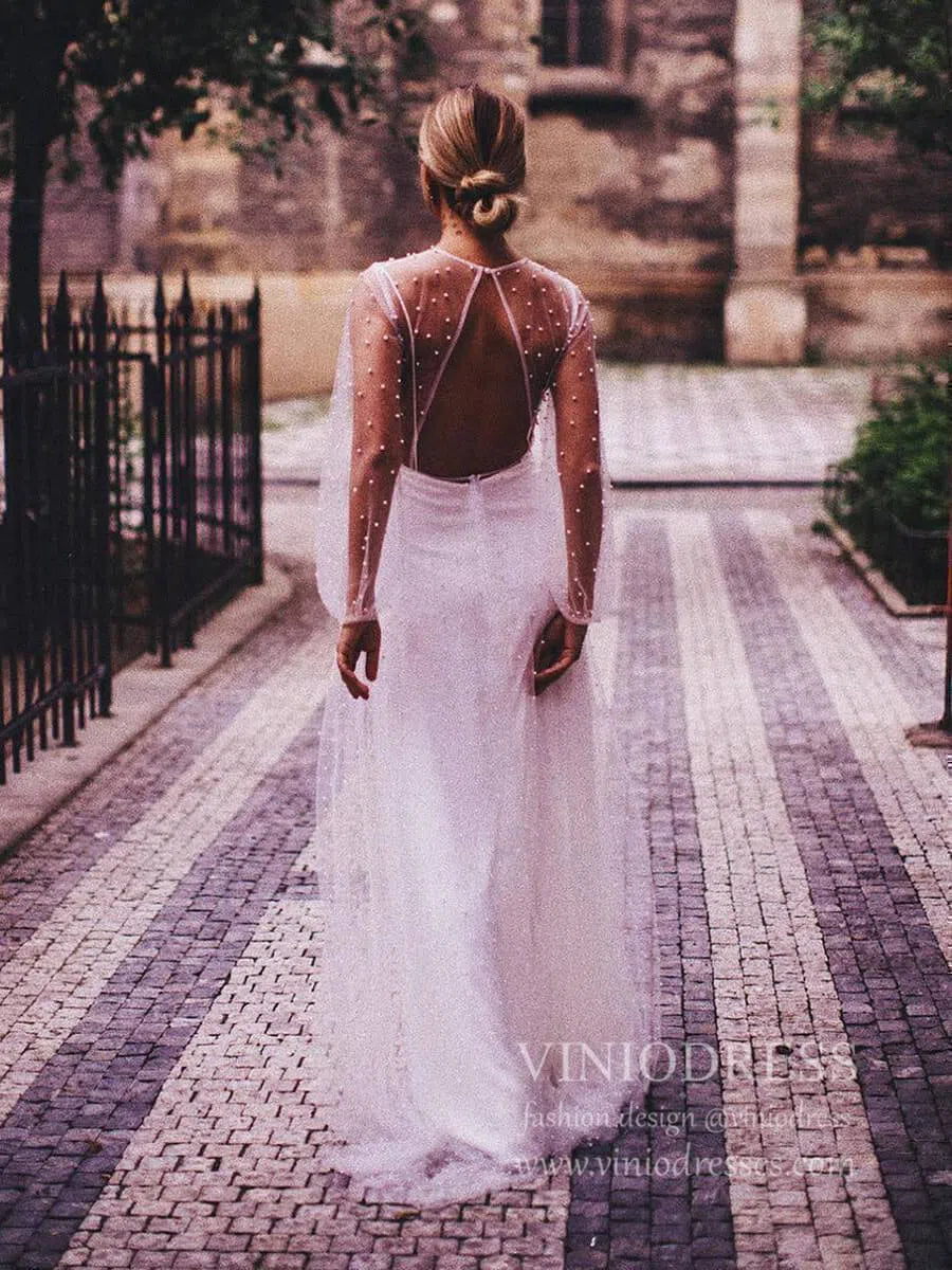 See Through Pearl Tulle Beach Wedding Dresses with Fluffy Long Sleeves – Viniodress