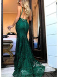 Sexy Burgundy Lace Mermaid Prom Dresses V neck Pageant Dress FD1319-prom dresses-Viniodress-Emerald Green-Custom Size-Viniodress