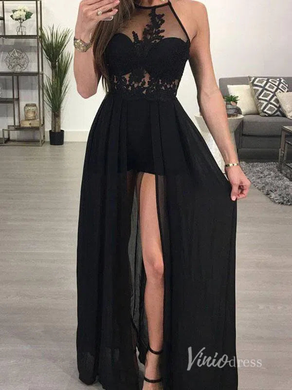 Sexy Halter Long Black Prom Dresses with Slit Viniodress FD1312-prom dresses-Viniodress-Black-Custom Size-Viniodress