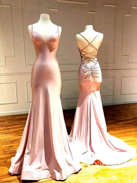Sexy Lace Up Back Mermaid Satin Prom Dresses V Neck Blush Formal Dress FD2048-prom dresses 2025 -Viniodress-As Picture-Custom Size-