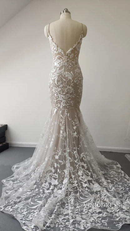 Sexy Mermaid Lace Wedding Dresses Deep V Neck Boho Wedding Dress VW1455-wedding dresses 2025 -Viniodress-Nude-Custom Size-