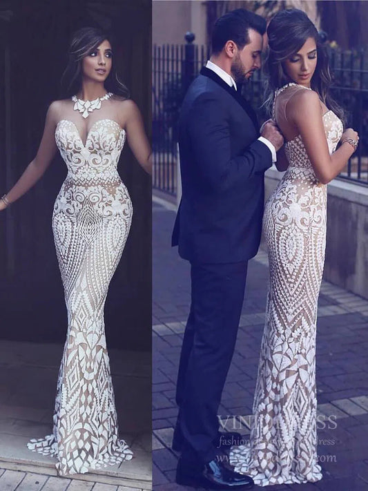 Sexy Mermaid Wedding Dress Geometric Sequin Lace Gown with Illusion Neckline & Button-Up Back VW1416-wedding dresses 2025 -Viniodress-Ivory-Custom Size-