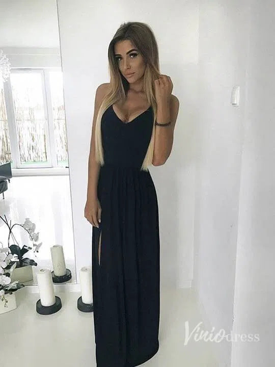 Sexy Thigh Split Formal Dress Spaghetti Simple Prom Dresses FD1310-prom dresses-Viniodress-Black-Custom Size-Viniodress