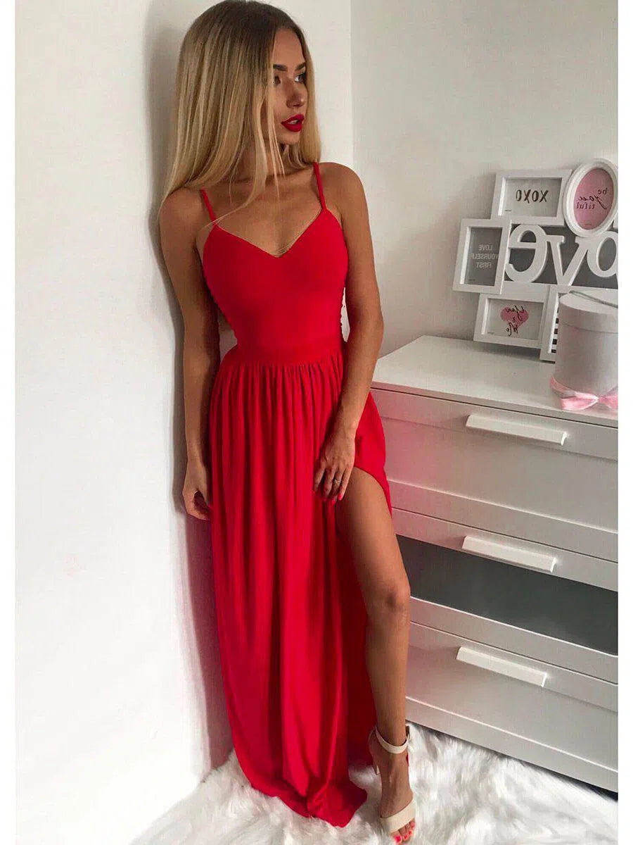 Sexy Thigh Split Formal Dress Spaghetti Simple Prom Dresses FD1310-prom dresses-Viniodress-Red-Custom Size-Viniodress