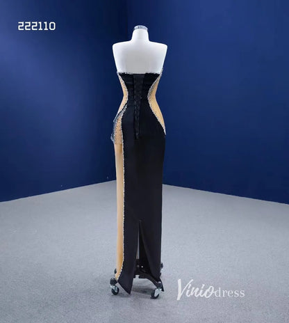 Sheath Black Formal Dresses Beaded Satin Pageant Gown 222110-prom dresses 2025 -Viniodress-Black-Custom Size-