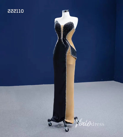 Sheath Black Formal Dresses Beaded Satin Pageant Gown 222110-prom dresses 2025 -Viniodress-Black-Custom Size-
