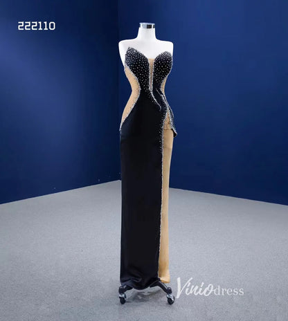 Sheath Black Formal Dresses Beaded Satin Pageant Gown 222110-prom dresses 2025 -Viniodress-Black-Custom Size-