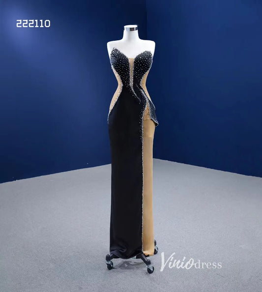 Sheath Black Formal Dresses Beaded Satin Pageant Gown 222110-prom dresses 2025 -Viniodress-Black-Custom Size-