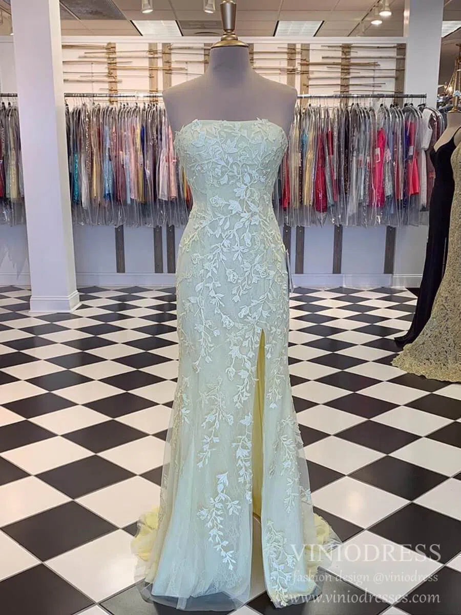 Sheath Lace Appliqued Long Prom Dresses with Slit FD1250B Strapless, lace-up back-prom dresses 2025 -Viniodress-Black-Custom Size-