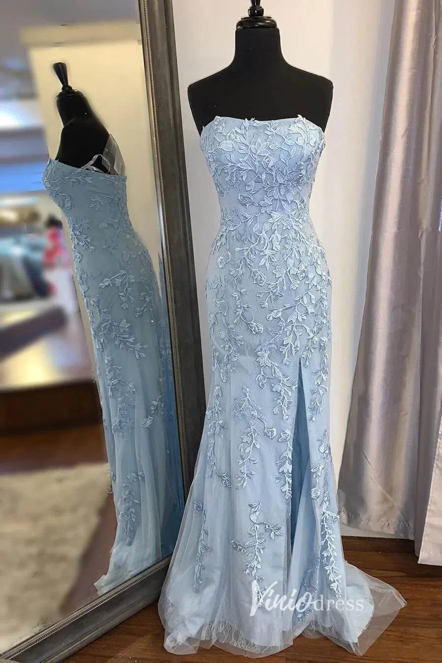 Sheath Lace Appliqued Long Prom Dresses with Slit FD1250B Strapless, lace-up back-prom dresses 2025 -Viniodress-Black-Custom Size-