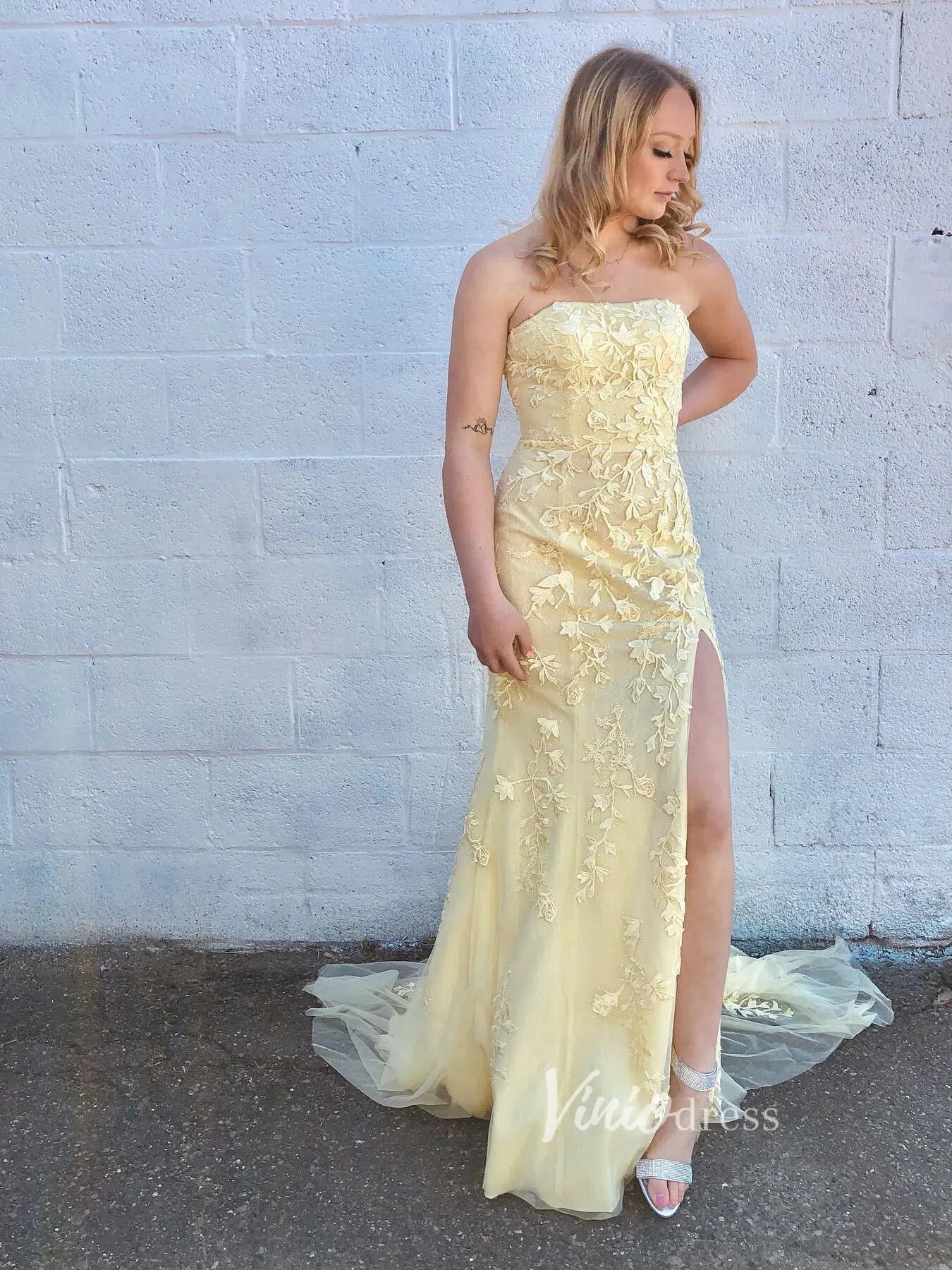 Sheath Lace Appliqued Long Prom Dresses with Slit FD1250B Strapless, lace-up back-prom dresses 2025 -Viniodress-Black-Custom Size-