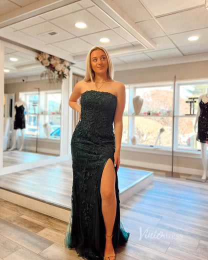 Sheath Lace Appliqued Long Prom Dresses with Slit FD1250B Strapless, lace-up back-prom dresses 2025 -Viniodress-Black-Custom Size-
