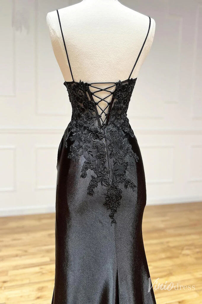 Sheath Satin Prom Dresses with Slit, Spaghetti Strap, V-neck, Lace Appliqued Formal Dresses FD1523-prom dresses 2025 -Viniodress-Black-Custom Size-