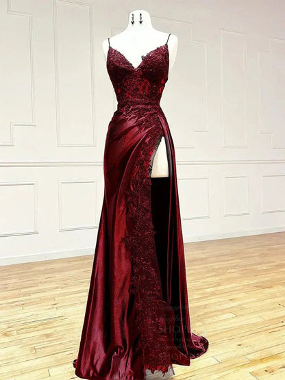Sheath Satin Prom Dresses with Slit, Spaghetti Strap, V-neck, Lace Appliqued Formal Dresses FD1523-prom dresses 2025 -Viniodress-Burgundy-Custom Size-