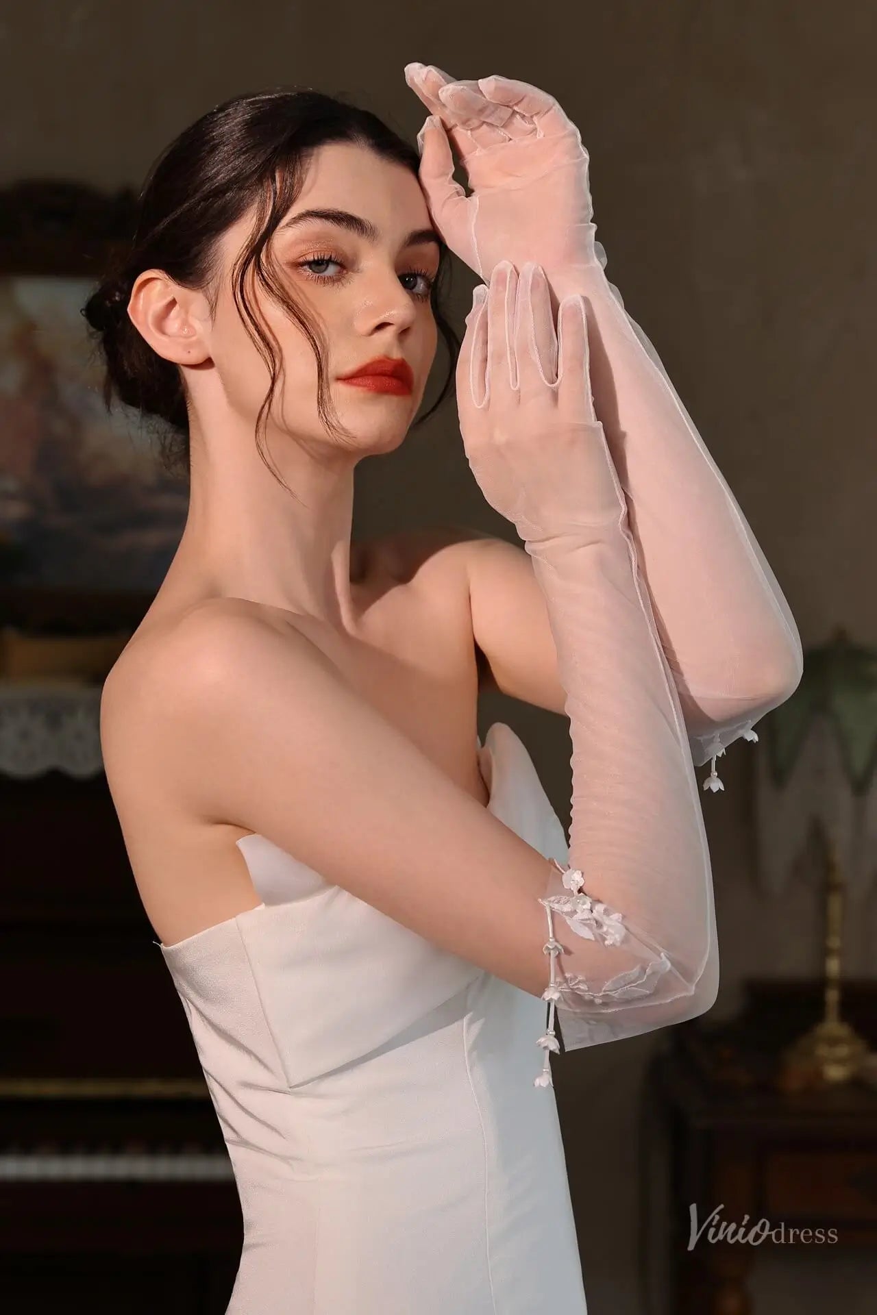 Sheer Long Tulle Bridal Gloves with Lace-Edged Detail WG213-Bridal Gloves 2026-Viniodress-Ivory-