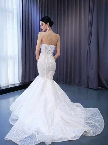 Sheer Pearl Wedding Dresses Mermaid Strapless Bridal Dress 222129-wedding dresses 2025 -Viniodress-Ivory-Custom Size-