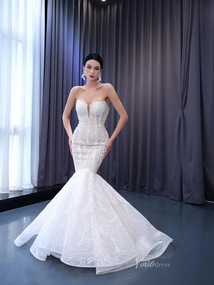 Sheer Pearl Wedding Dresses Mermaid Strapless Bridal Dress 222129 – Viniodress
