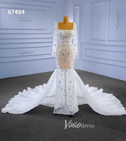 Sheer Pearl Wedding Dresses Sheath Long Sleeve Bridal Dress 67484-wedding dresses 2025 -Viniodress-Ivory-Custom Size-