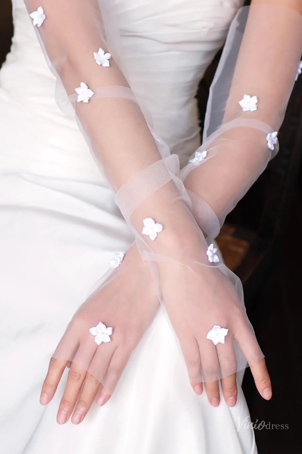 Sheer Tulle Fingerless Bridal Gloves with Flowers WG172-Bridal Gloves 2026-Viniodress-Ivory-
