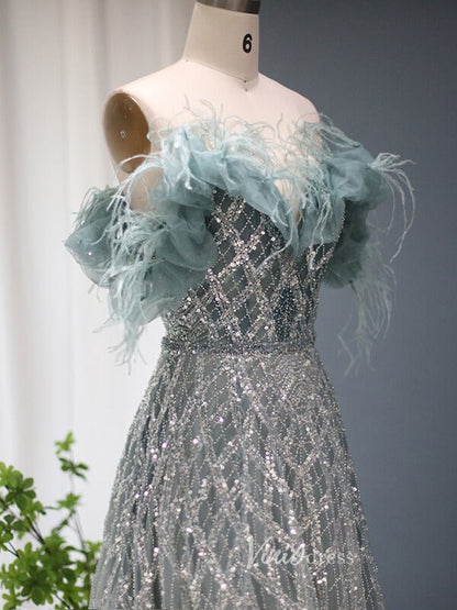 Shimmer Beaded Lace Prom Dresses Off the Shoulder Evening Dress 20082-Evening Dresses 2025 -Viniodress-Light Green-US 2-