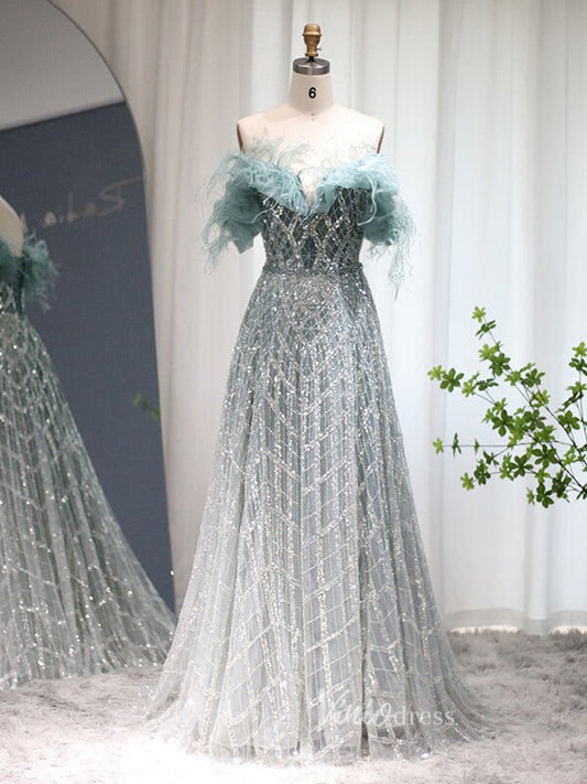 Shimmer Beaded Lace Prom Dresses Off the Shoulder Evening Dress 20082-Evening Dresses 2025 -Viniodress-Light Green-US 2-