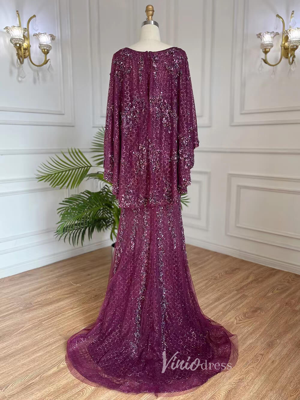 Shimmer Lace Mother of the Bride Dresses with Cape Burgundy Evening Dr – Viniodress
