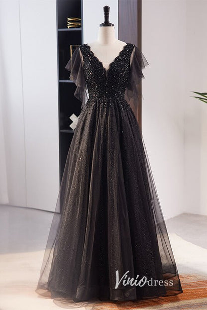 Shimmering Beaded Black Prom Dresses with V-Neck FD3538-prom dresses 2025 -Viniodress-Black-Custom Size-