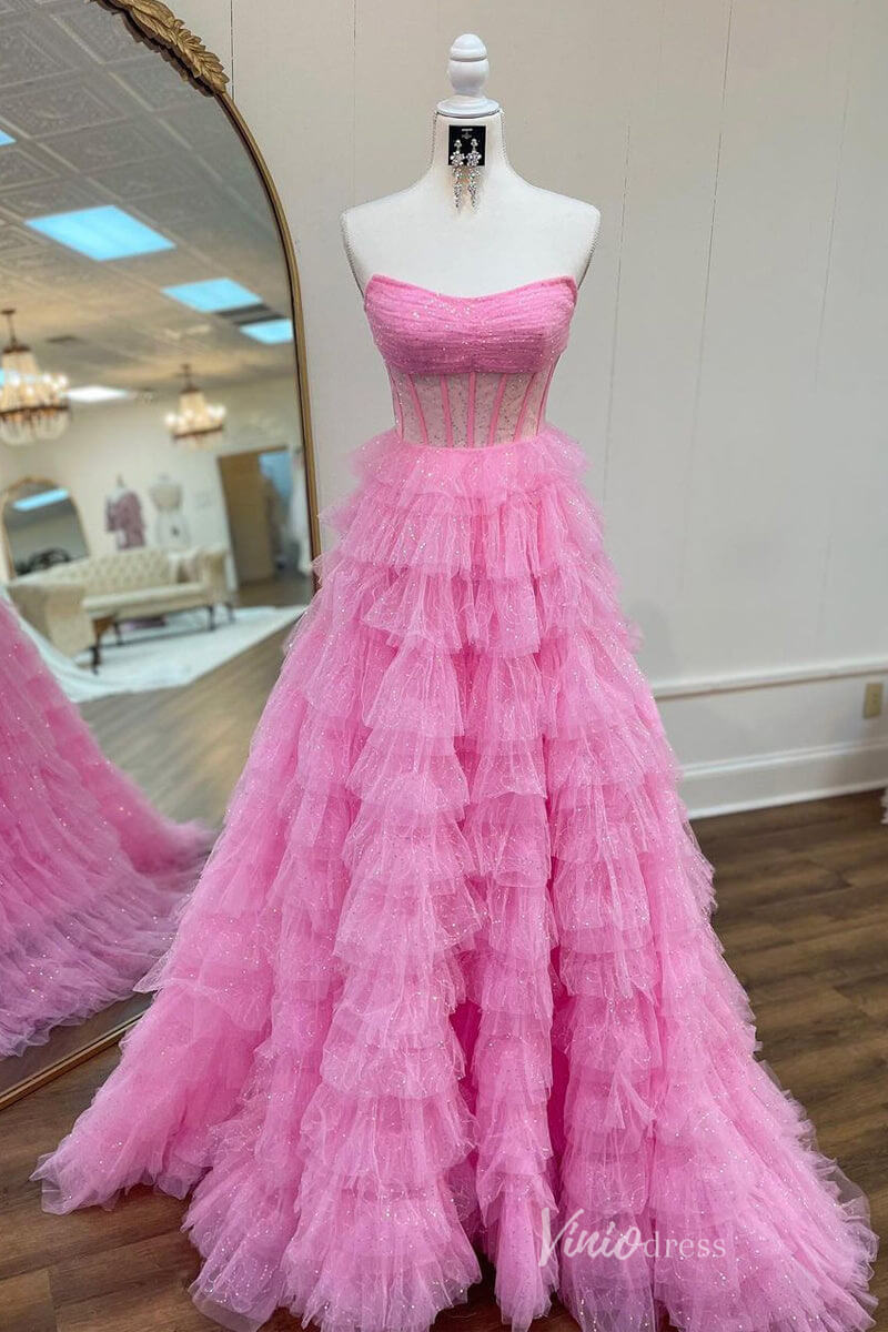 Shimmering Blue Ruffle Prom Dresses Sheer Boned Bodice Formal Gown FD4091-prom dresses 2025 -Viniodress-Pink-Custom Size-