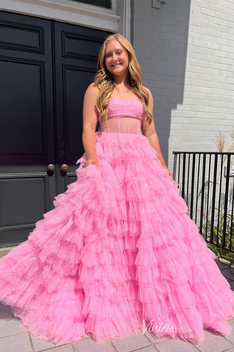 Shimmering Blue Ruffle Prom Dresses Sheer Boned Bodice Formal Gown FD4091-prom dresses 2025 -Viniodress-Blue-Custom Size-