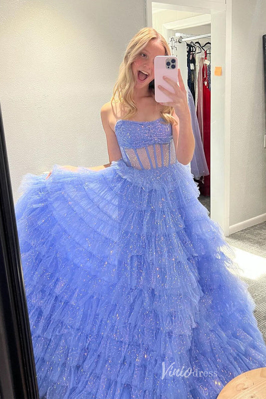 Shimmering Blue Ruffle Prom Dresses Sheer Boned Bodice Formal Gown FD4091-prom dresses 2025 -Viniodress-Blue-Custom Size-