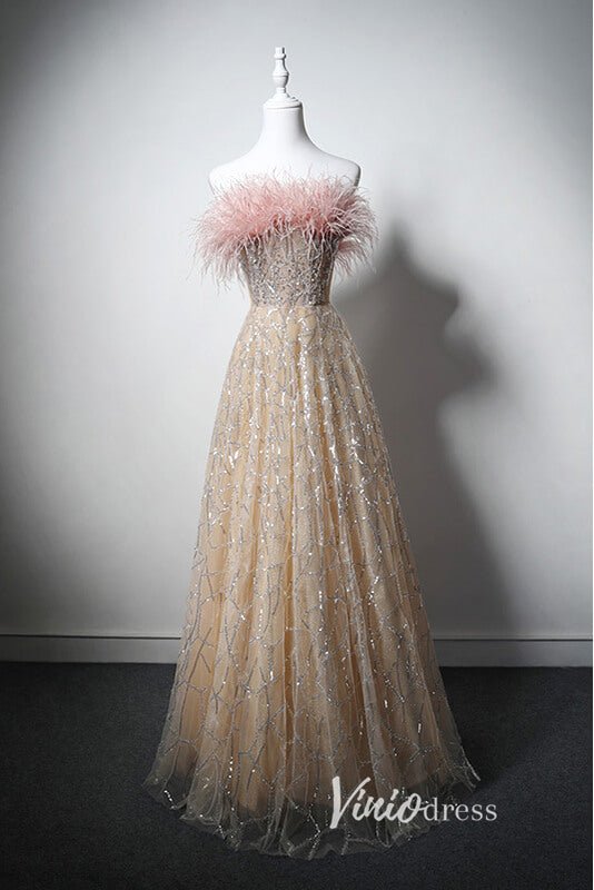 Shimmering Champange Beaded Prom Dresses with Feathers AD1029-prom dresses 2025 -Viniodress-Champagne-Custom Size-