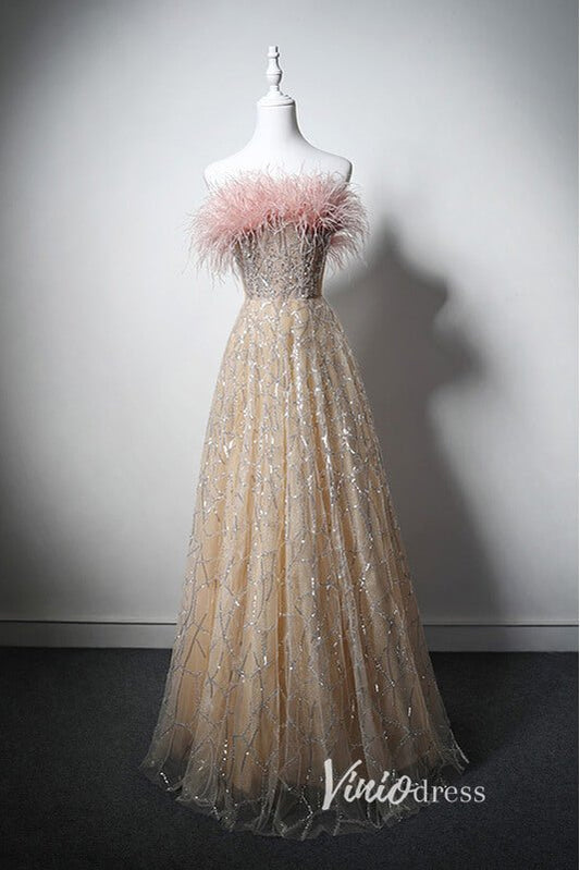 Shimmering Champange Beaded Prom Dresses with Feathers AD1029-prom dresses 2025 -Viniodress-Champagne-Custom Size-