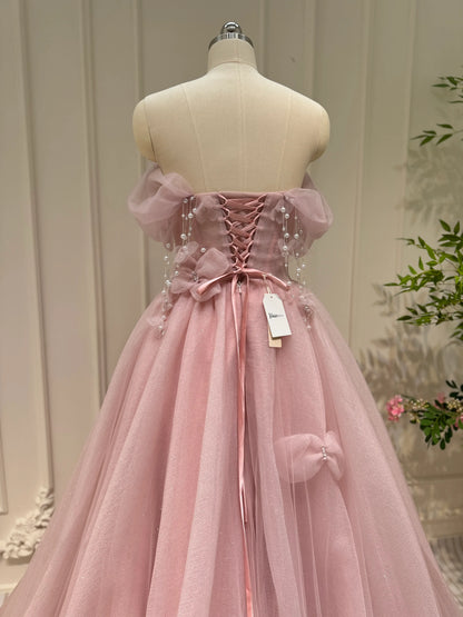 Shimmering Off the Shoulder Prom Dresses Bow-Tie Formal Dress with Pearl AD1051-prom dresses 2025 -Viniodress-Pink-Custom Size-