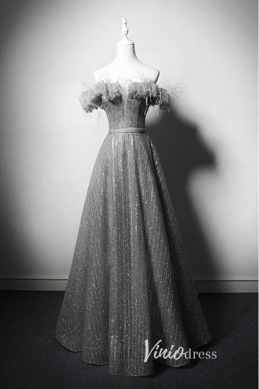 Shimmering Off the Shoulder Prom Dresses Grey Formal Dress AD1032-prom dresses 2025 -Viniodress-Grey-Custom Size-