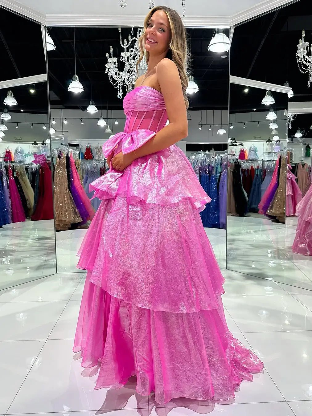 Shimmering Organza Strapless Prom Dress with Slit, Tiered Bottom & Bow – Style FD5194-prom dresses 2025 -Viniodress-Blue-Custom Size-