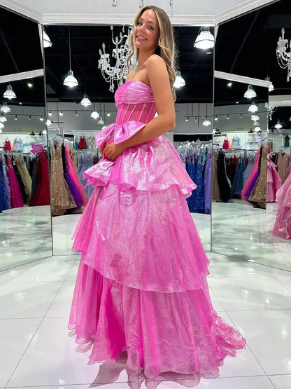 Shimmering Organza Strapless Prom Dress with Slit, Tiered Bottom & Bow – Style FD5194-prom dresses 2025 -Viniodress-Blue-Custom Size-